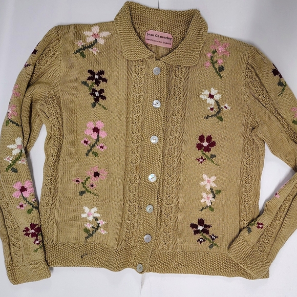 Hand Knit 100% Cotton CottageCore Vintage English Cardigan Sweater Heirloom Sz M